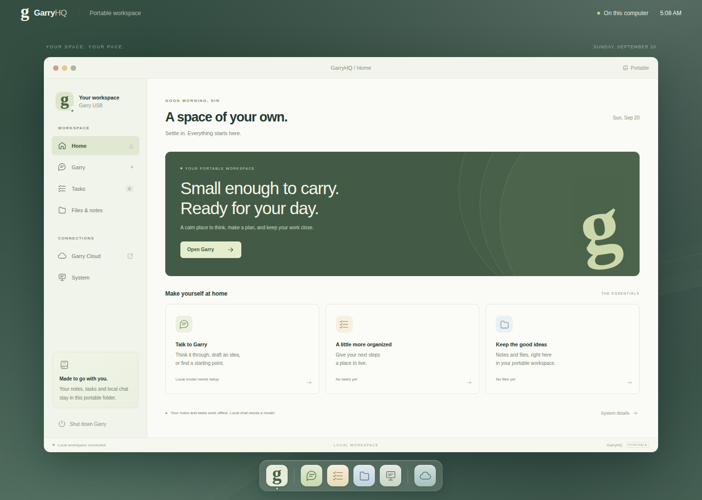 Garry USB desktop with a calm green background, app dock, and Home, Garry, Tasks, Files and System apps.