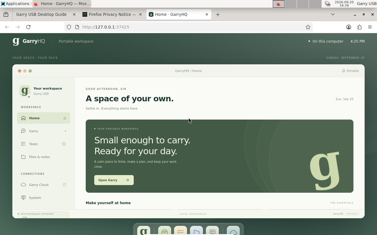 Garry's local workspace running in Firefox on the Debian XFCE virtual machine.
